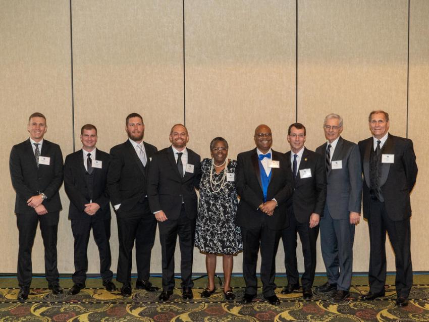 Campbell Revlett, Cory Wilson, M. Jordan Lewis, David Rust, Ruth A. Coleman, L. Sebastian Bryson (chair, Department of Civil Engineering), Ben R. Edelen, Lester Wimpy, Ben T. Quin, Jr. Not shown, Dr. Hans Gesund (Posthumous).